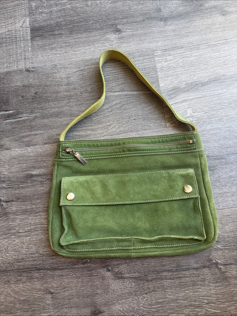 Green Suede Shoulder Bag with Front Pocket